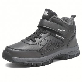 Men's Water Repellent Snow Boots With Hook And Loop Fastener, Winter Thermal Shoes, Windproof Hiking Boots With Fuzzy Lining