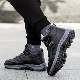 Men's Water Repellent Snow Boots With Hook And Loop Fastener, Winter Thermal Shoes, Windproof Hiking Boots With Fuzzy Lining