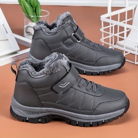 Men's Faux Leather Snow Boots, Warm Fleece Cozy Non-slip Ankle Boots Plush Comfy Outdoor Hiking Shoes Fur Lined Trekking Shoes, Winter
