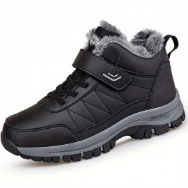Men's Faux Leather Snow Boots, Warm Fleece Cozy Non-slip Ankle Boots Plush Comfy Outdoor Hiking Shoes Fur Lined Trekking Shoes, Winter