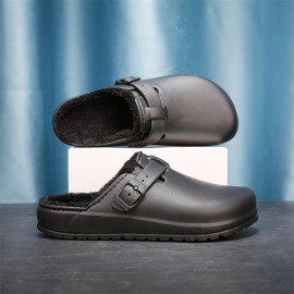 Men's Cozy EVA House Slippers, Waterproof Anti-skid Slip-on Shoes With Fuzzy Lining And Buckle Decor For Indoor Walking, Autumn And Winter