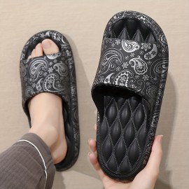 Men's Trendy Flower Print Slip On Platform Slides, Unisex Casual Open Toe Anti-skid Slippers For Indoor Outdoor Bathroom