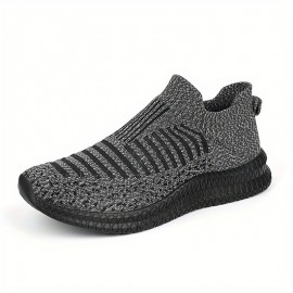 Men's Trendy Breathable Knit Striped Slip On Sneakers, Casual Outdoor Comfortable Anti-skid Shoes For Running Jogging